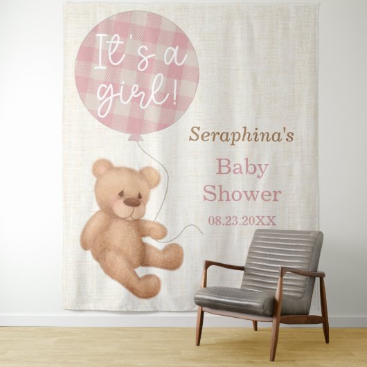 Tenture Fond de toile de fond pour Baby Shower Ourson Rose (En situation)