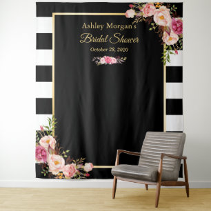 Tenture Fond de toilette de mariage floral à rayures noir