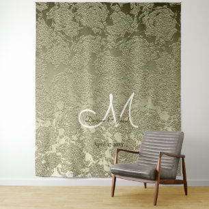 Tenture Fond élégant floral sauge et ivoire avec monogramm