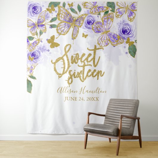 Tenture Fond floral papillons violets Sweet 16 (En situation)