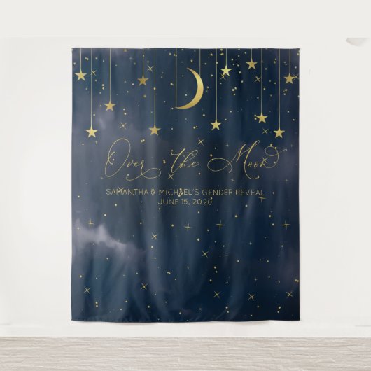 Tenture Fond 'Over the Moon', Fond pour Baby Shower, Bleu (Devant)