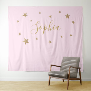 Tenture Fond personnalisé avec nom étoiles dorées rose blu