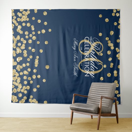 Tenture Fond pour 80e anniversaire Gold Navy Confetti (En situation (horizontale))