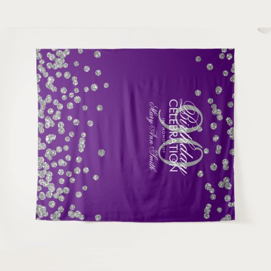 Tenture Fond pour 90e anniversaire argent violet confettis (Devant (Horizontal))