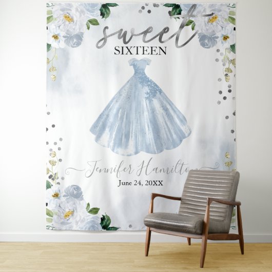 Tenture Fond pour Sweet 16 Robe Fleurie Bleue Rose (En situation)
