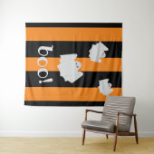 Tenture Fond rayé noir orange Halloween de fantôme mignon (En situation (horizontale))