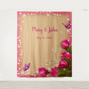 Tenture Fond rustique en bois à fleurs roses papillon