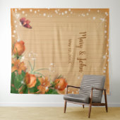 Tenture Fond rustique en bois avec fleurs orange et papill (En situation (horizontale))