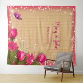 Tenture Fond rustique en bois avec fleurs roses et papillo (En situation (horizontale))