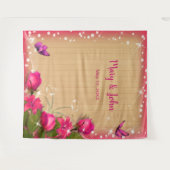 Tenture Fond rustique en bois avec fleurs roses et papillo (Devant (Horizontal))