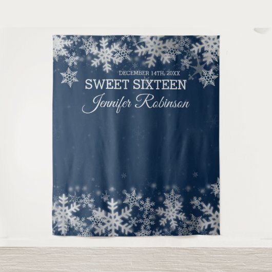 Tenture Fond Sweet 16 Argent Navy Flocons de Neige d'Hiver (Devant)
