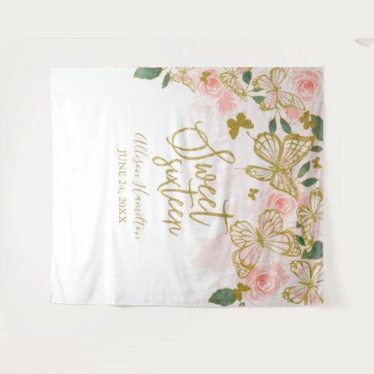 Tenture Fond Sweet 16 Papillons Roses Fleurs (Devant (Horizontal))