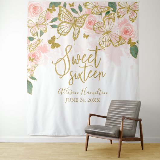 Tenture Fond Sweet 16 Papillons Roses Fleurs (En situation)