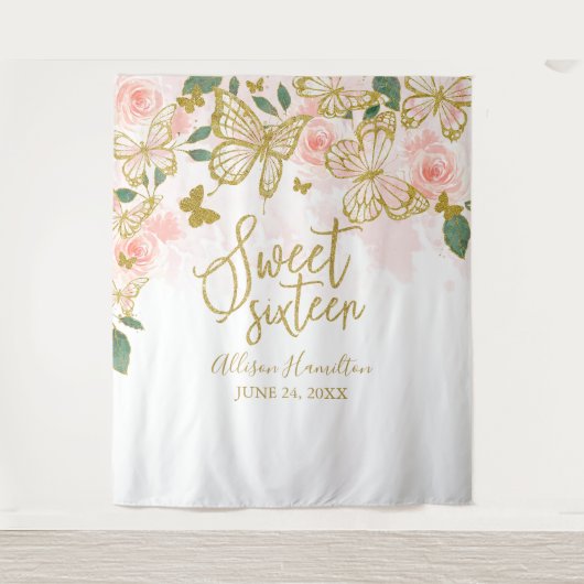 Tenture Fond Sweet 16 Papillons Roses Fleurs (Devant)
