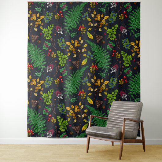 Tenture Forest berries, leaves and bugs on graphite black (En situation)