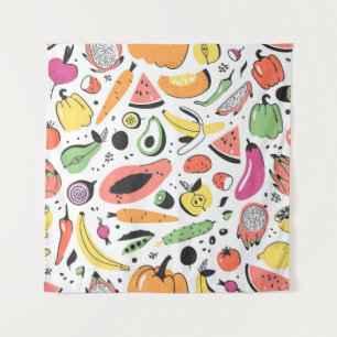 Tenture Fruits, légumes motif dessinés main.