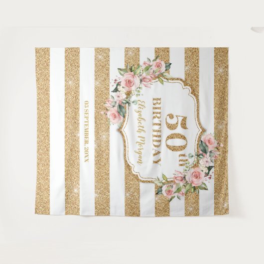 Tenture Fuchsia floral or rose gold pailleté 50e anniversa (Devant (Horizontal))