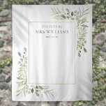 Tenture Futur Mme Fête des mariées Verdure Fond photo<br><div class="desc">Doté de délicats feuilles de verdure aquarelle,  cet élégant kiosque photo de douche nuptiale peut être personnalisé avec le nom du marié de la mariée et la date spéciale. Conçu par Thisisnotme©</div>