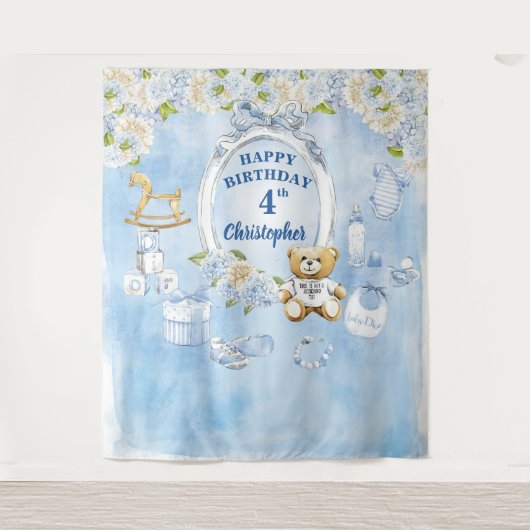 Tenture Garçon Anniversaire Fleurs Bleues Teddy Bear fond (Devant)
