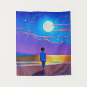 Tenture Garçon sur la plage, regardant la lune