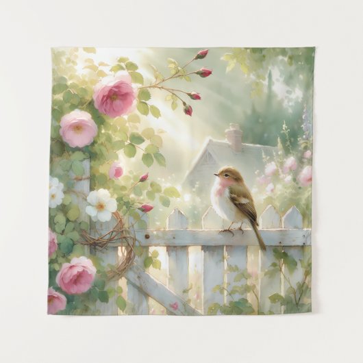 Tenture Garden Rose Bird Watercolor Scene (Devant)