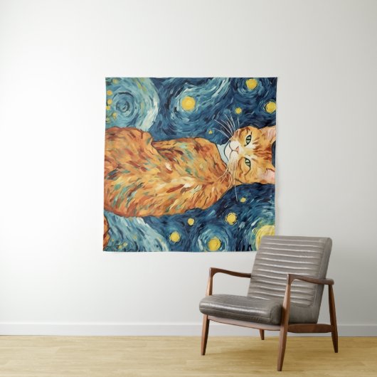 Tenture Gingembre Tabby Chat dans la nuit étoilée (En situation (horizontale))