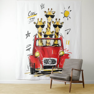 Tenture Girafes de la Crew Cool dans une voiture rouge cla