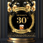 Tenture Glam 30th Man Birthday Whiskey Celebration Display<br><div class="desc">Élégante collection de Whiskey pour homme de 30e anniversaire Célébrez un jalon dans le style avec notre collection de fond à thème pour whisky pour homme de 30e anniversaire, avec des ballons noirs et d'or, un cocktail de whisky et des numéros de parties scintillant d'or étincelants. Chaque design est conçu...</div>