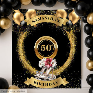 Tenture Glam 50th Birthday Backdrop Black Gold Pink Talons