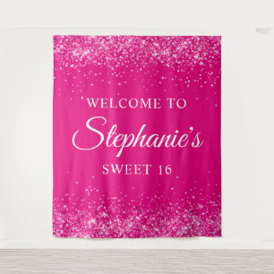 Tenture Glittery Hot Pink Sweet 16 Anniversaire Bienvenue