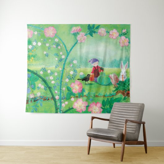 Tenture Gnome jardiner, Blackbird, Hérisson et lapin blanc (En situation (horizontale))