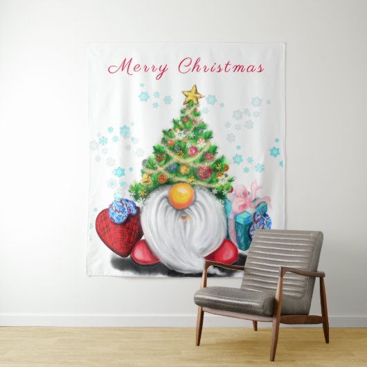 Tenture Gnome mignonne avec arbre de Noël Casquette et cad (En situation)