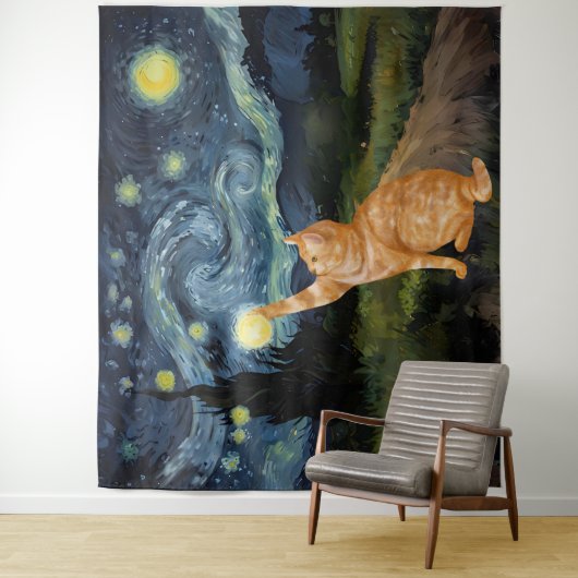Tenture Gogh Kitty Starry Night Chat (En situation)
