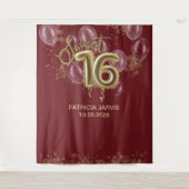 Tenture Gold Foil Sweet 16 Ballons Burgundy Backdrops (Devant)