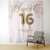 Tenture Gold Foil Sweet 16 Ballons rose fond (En situation)