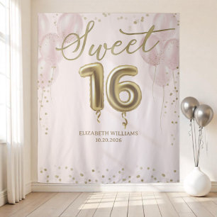 Tenture Gold Foil Sweet 16 Ballons rose fond
