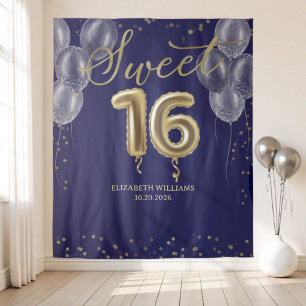 Tenture Gold Foil Sweet 16 Ballons Royal Blue fond