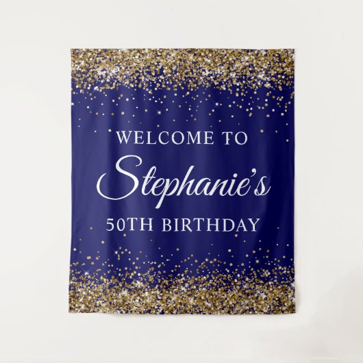 Tenture Gold Glitter Navy Blue 50Th Birthday Party Welcome (Devant)