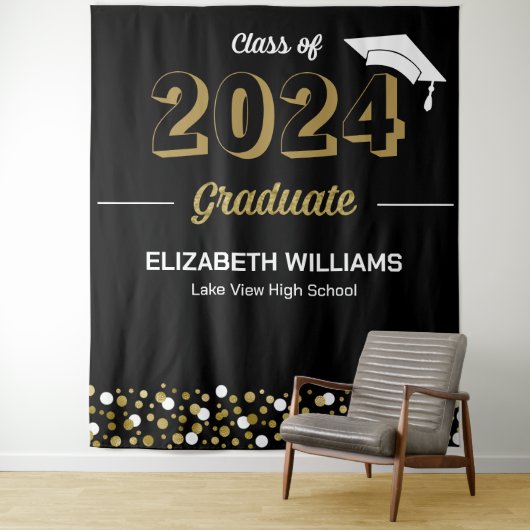 Tenture Gold Script Confetti Grad Party noir fond (En situation)