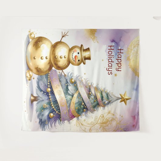 Tenture Gold Snowman Christmas Tree Holiday Backdrop (Devant (Horizontal))