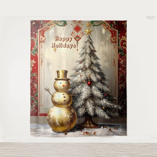 Tenture Gold Snowman Christmas Tree Holiday Backdrop (Devant)