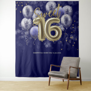 Tenture Gold Sweet 16 ballons Anniversaires Royal Blue fon