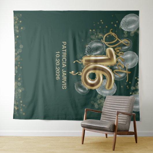 Tenture Gold Sweet 16 Ballons Emerald Green Backdrops (En situation (horizontale))
