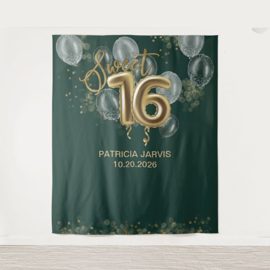 Tenture Gold Sweet 16 Ballons Emerald Green Backdrops (Devant)