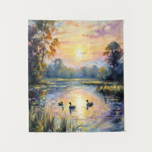 Tenture Golden Tranquillité Sunset Pond Paysage avec canar