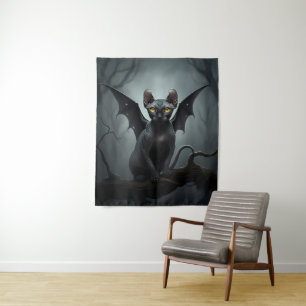 Tenture Goth Black Elf Sphynx Chat Art Bat Ailes Décor