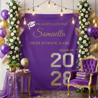 Tenture Graduate Purple Gold Script Graduation Party