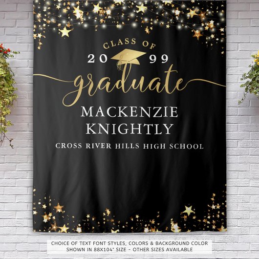 Tenture Graduation Black Gold Stars Confetti Lights Script