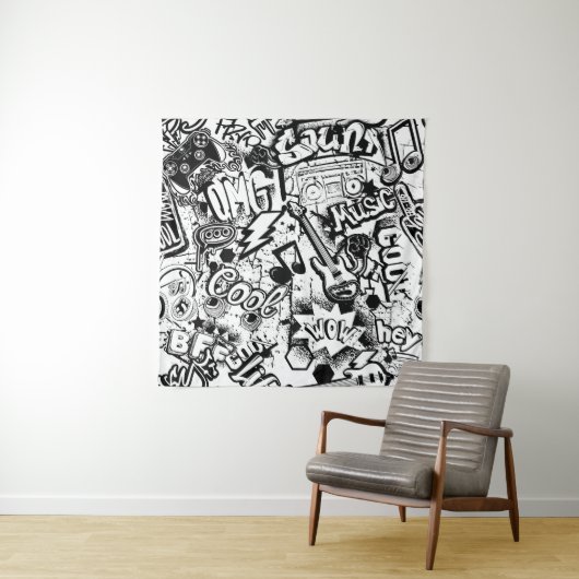 Tenture Graffiti Abstrait en noir et blanc  (En situation)