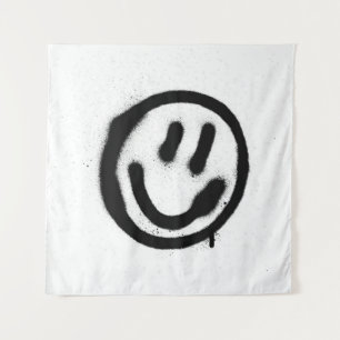 Tenture graffiti visage souriant émoticon en noir sur blan
